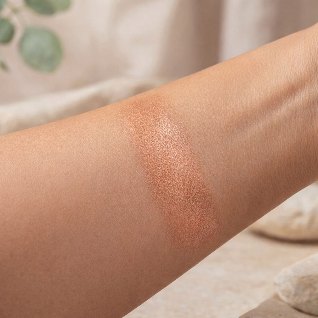 Close-up of a person's arm with a swatch of baked cream bronzer makeup color against a neutral background.